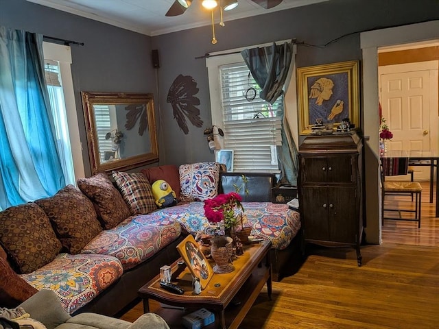 15 10th, Lowell, MA 01850 - living room featuring ornamental molding, a ceiling fan, and wood finished floors