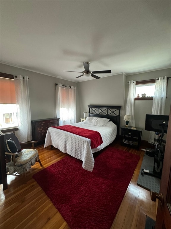 bedroom with dark wood-type flooring, ceiling fan, and ornamental molding