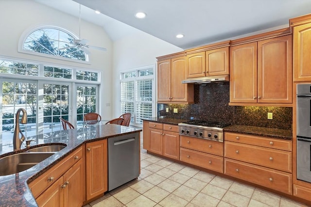 kitchen with light tile patterned floors, appliances with stainless steel finishes, a sink, under cabinet range hood, and backsplash