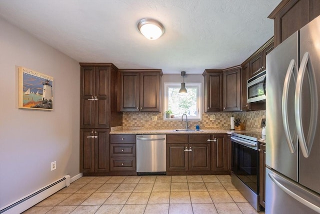 19 Crystal Way Unit 19, Bellingham, MA 02019 - kitchen featuring appliances with stainless steel finishes, a baseboard heating unit, a sink, and backsplash