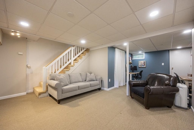 19 Crystal Way Unit 19, Bellingham, MA 02019 - carpeted living room featuring baseboards, recessed lighting, stairway, and a paneled ceiling