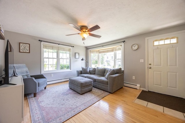 19 Crystal Way Unit 19, Bellingham, MA 02019 - living area featuring a baseboard radiator, light wood finished floors, a ceiling fan, and baseboards