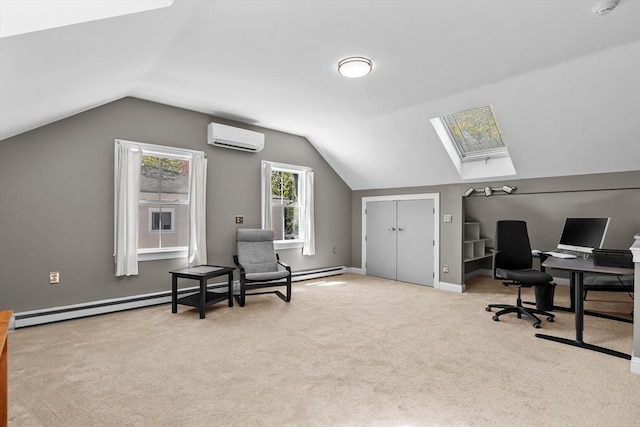 office featuring a baseboard heating unit, carpet flooring, a wall mounted air conditioner, and vaulted ceiling with skylight