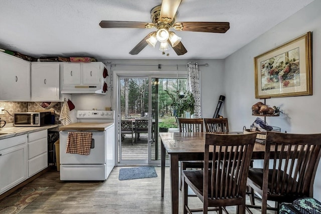 kitchen with light hardwood / wood-style flooring, backsplash, white cabinetry, white electric range, and ceiling fan