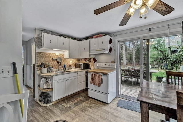 kitchen with electric range, sink, white cabinetry, and light hardwood / wood-style floors