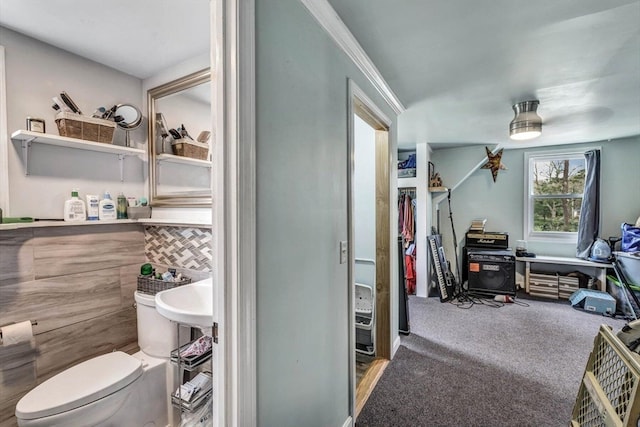 interior space featuring toilet, sink, and ornamental molding