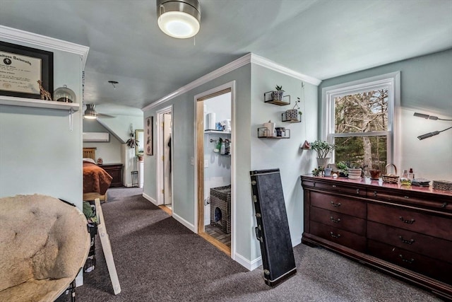 hallway with carpet flooring, an AC wall unit, and crown molding