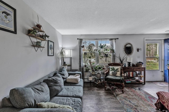 living room featuring a textured ceiling and hardwood / wood-style floors