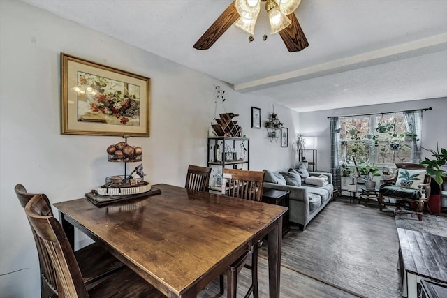 dining area with a textured ceiling, ceiling fan, and hardwood / wood-style floors