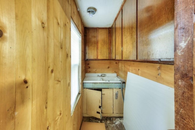 misc room featuring wooden walls and a sink