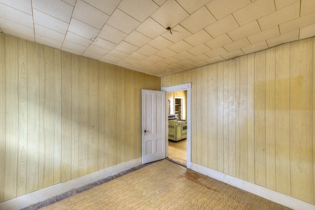 empty room featuring wood walls, carpet flooring, and baseboards