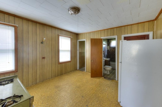 unfurnished bedroom with freestanding refrigerator, wooden walls, and connected bathroom