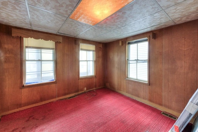 carpeted empty room with plenty of natural light, wood walls, and baseboards