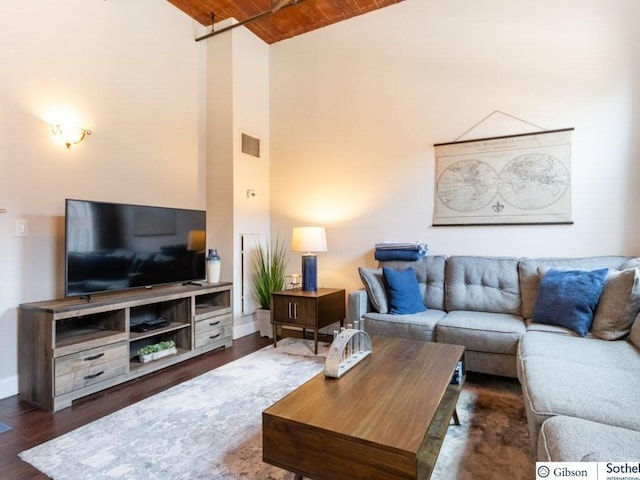 living room with wood ceiling, dark wood-type flooring, and high vaulted ceiling