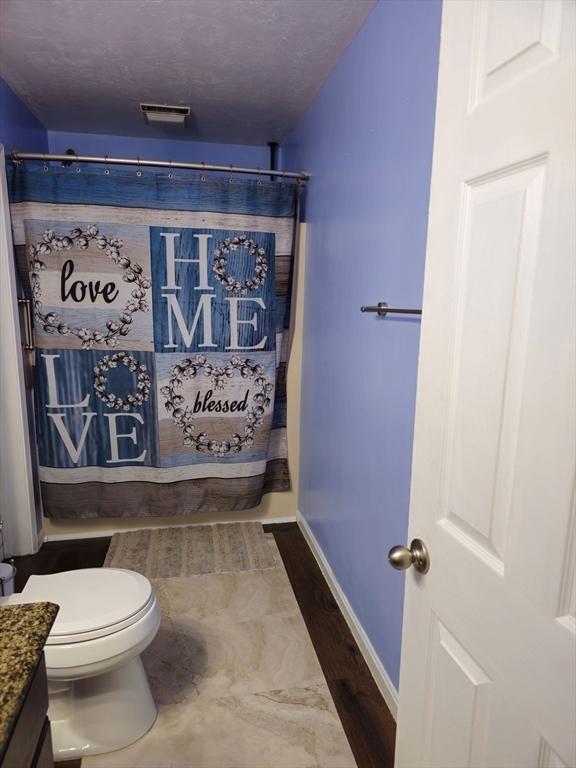 full bath featuring baseboards, curtained shower, toilet, and vanity