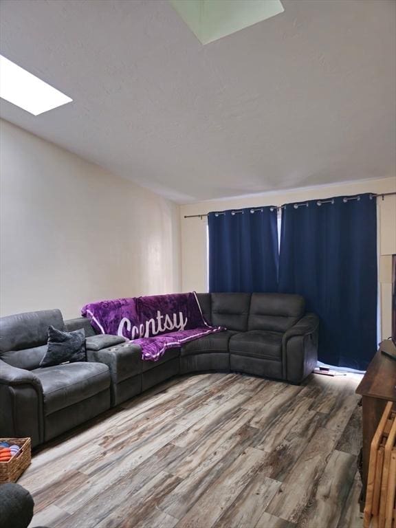 living room with wood finished floors and a skylight