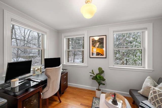 home office with light hardwood / wood-style floors and ornamental molding