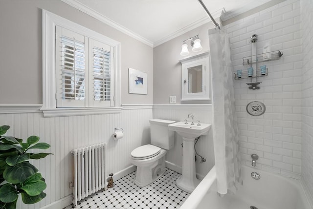 bathroom with radiator heating unit, shower / bath combo, tile patterned flooring, crown molding, and toilet