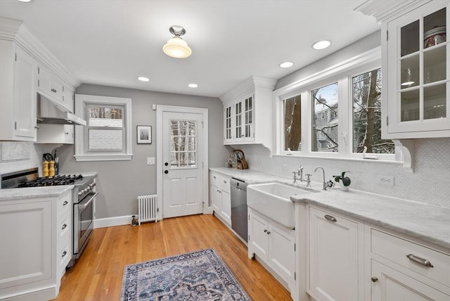 kitchen with white cabinets, sink, light hardwood / wood-style flooring, appliances with stainless steel finishes, and radiator heating unit