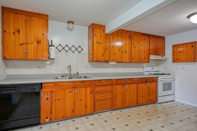 kitchen with backsplash, dishwasher, beam ceiling, white gas range oven, and sink