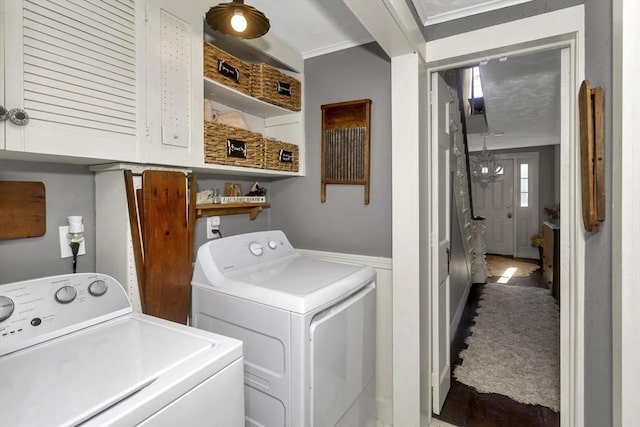 685 Main St, Wilbraham, MA 01095 - laundry area with washing machine and clothes dryer, cabinet space, and crown molding