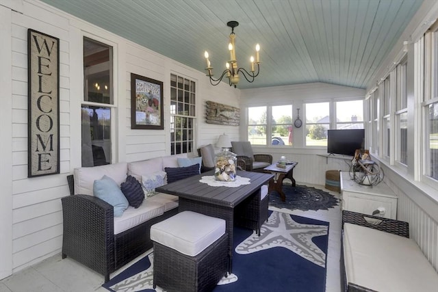 685 Main St, Wilbraham, MA 01095 - sunroom with lofted ceiling, a chandelier, wood ceiling, and wooden walls