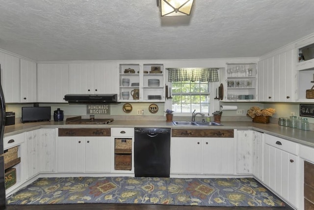 685 Main St, Wilbraham, MA 01095 - kitchen with black dishwasher, open shelves, under cabinet range hood, a sink, and a textured ceiling