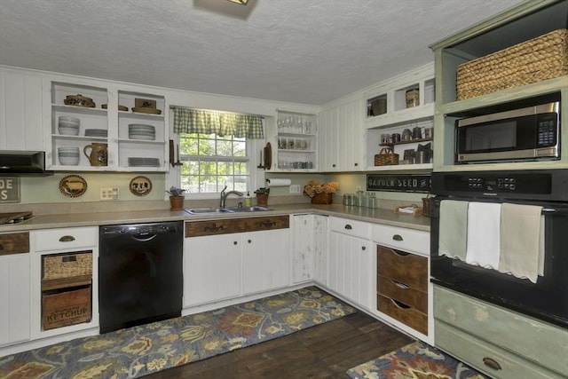 685 Main St, Wilbraham, MA 01095 - kitchen with open shelves, black appliances, a sink, a textured ceiling, and dark wood finished floors