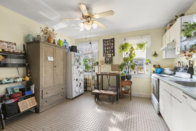 4 Myrtle Sq, Gloucester, MA 01930 - kitchen featuring white appliances, under cabinet range hood, ceiling fan, light tile patterned floors, and light countertops