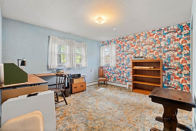 office featuring wallpapered walls, carpet, a baseboard radiator, and baseboard heating