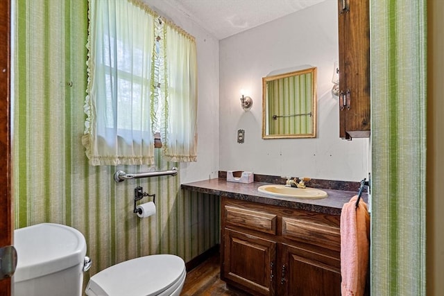 half bath featuring toilet, vanity, and wood finished floors