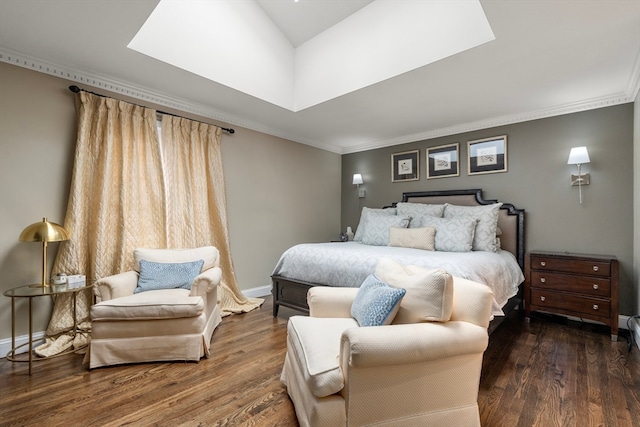 bedroom featuring ornamental molding and dark hardwood / wood-style flooring