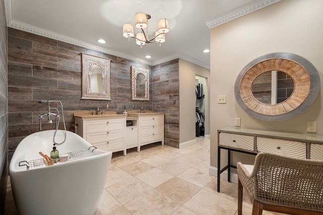 bathroom with tile flooring, a bath, tile walls, a notable chandelier, and wooden walls