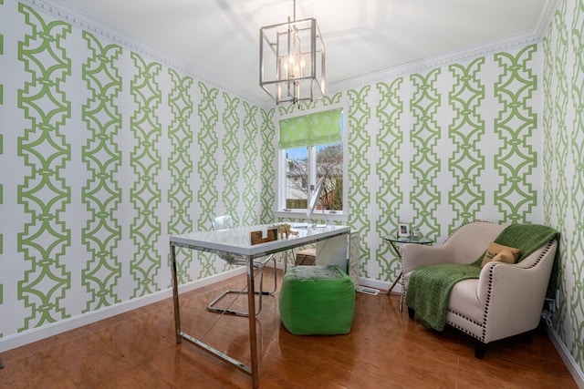 home office featuring ornamental molding, a notable chandelier, and hardwood / wood-style flooring