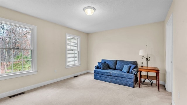 living area featuring a textured ceiling and light carpet