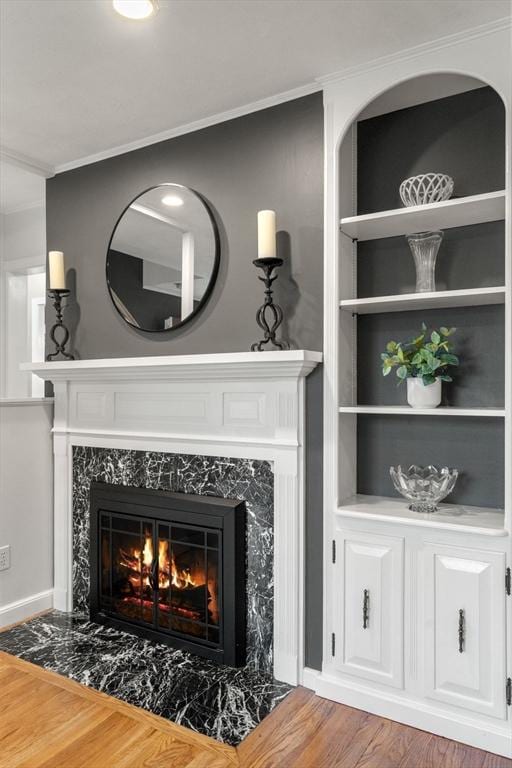37 Benjamin, Marlborough, MA 01752 - detailed view of a high end fireplace, crown molding, and wood finished floors