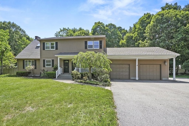 2-4 Founders Rd, Shrewsbury, MA 01545 - view of front facade with a front lawn, a garage, asphalt driveway, a chimney, and a porch