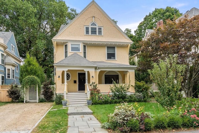 view of front of home featuring a porch, a front yard, and fence