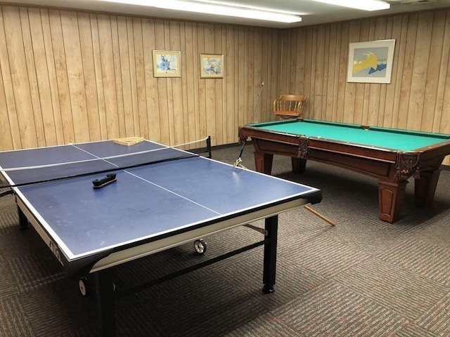 recreation room with pool table and dark carpet