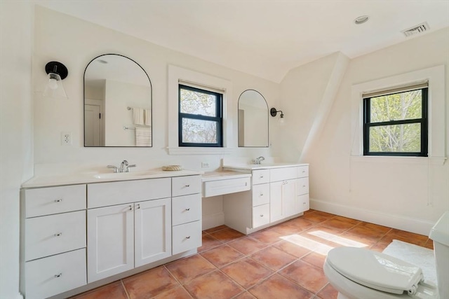 full bathroom featuring tile patterned floors, visible vents, a healthy amount of sunlight, and lofted ceiling