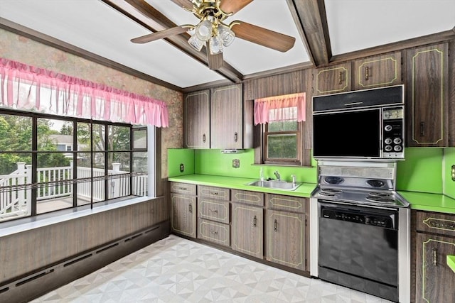 178 Elliot Ave, Quincy, MA 02171 - kitchen with black microwave, range, a sink, a baseboard heating unit, and plenty of natural light