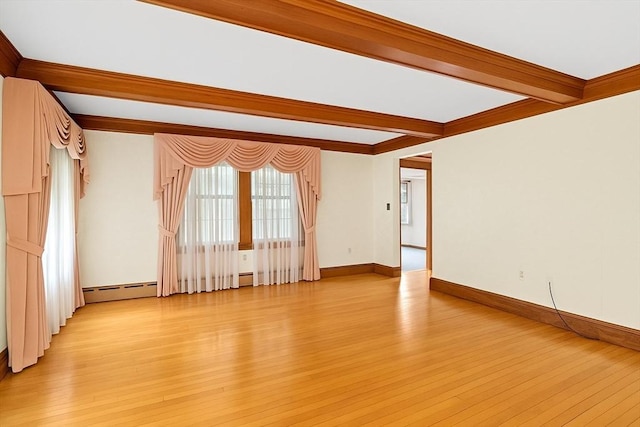 178 Elliot Ave, Quincy, MA 02171 - unfurnished living room featuring light wood finished floors, baseboards, crown molding, and beam ceiling