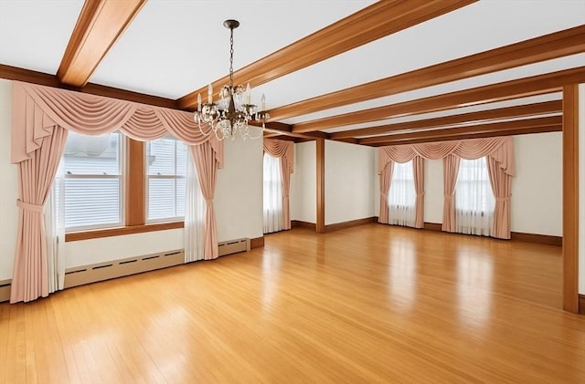 178 Elliot Ave, Quincy, MA 02171 - unfurnished dining area featuring a chandelier, light wood finished floors, baseboard heating, baseboards, and beamed ceiling