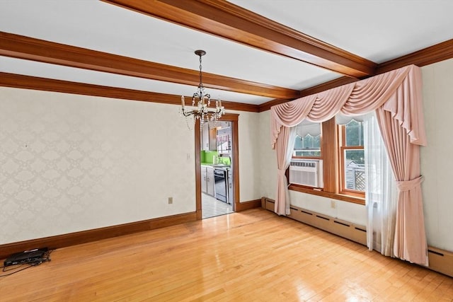 178 Elliot Ave, Quincy, MA 02171 - spare room featuring a chandelier, light wood-style floors, beamed ceiling, crown molding, and cooling unit