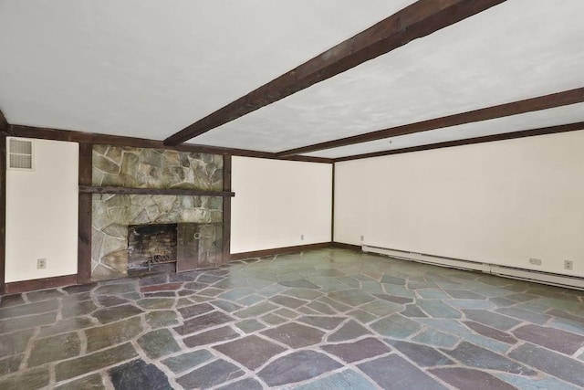 155 Glen Charlie Rd, Wareham, MA 02538 - unfurnished living room with stone flooring, beam ceiling, baseboard heating, and a stone fireplace
