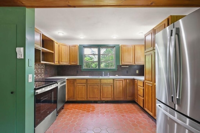155 Glen Charlie Rd, Wareham, MA 02538 - kitchen with stainless steel appliances, tasteful backsplash, open shelves, and tile patterned flooring