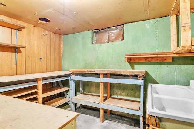 interior space with a workshop area, wood walls, and sink