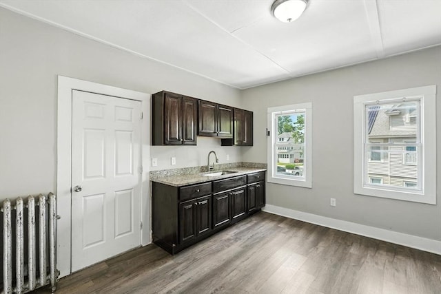 782 Sumner Ave, Springfield, MA 01108 - kitchen featuring radiator, wood finished floors, dark brown cabinets, and light stone counters