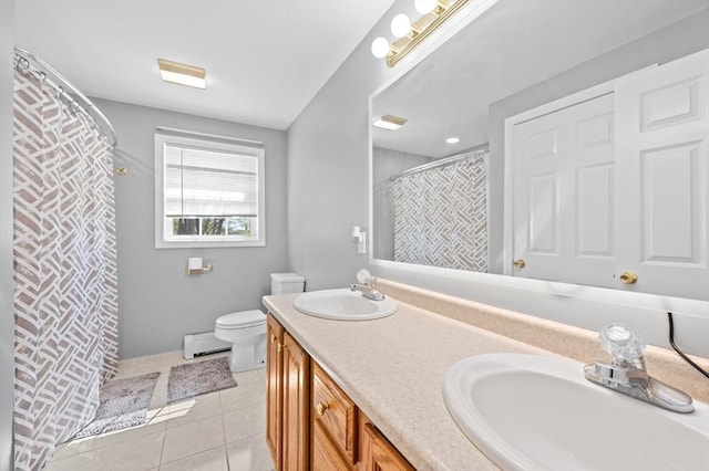 3 Clegg St, Worcester, MA 01603 - bathroom with tile patterned floors, double vanity, toilet, and curtained shower