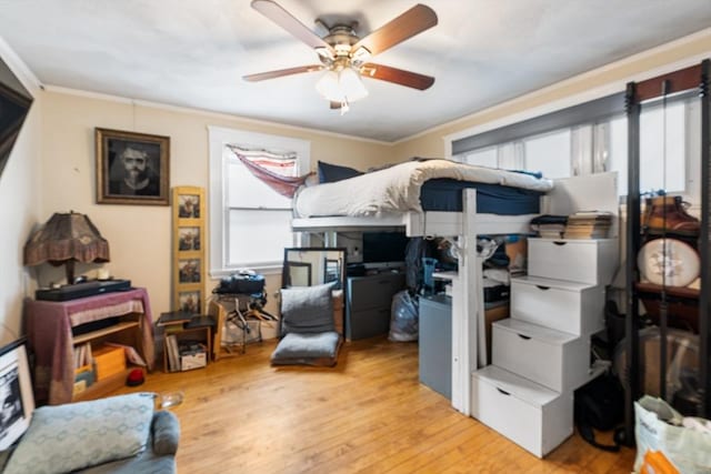 24 Central St, Somerville, MA 02143 - bedroom with multiple windows, crown molding, wood-type flooring, and ceiling fan